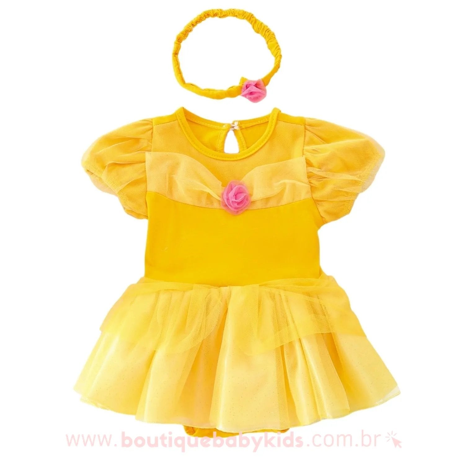 Vestido Bebê Fantasia Disney Princesa Bela com Faixa - Boutique Baby Kids