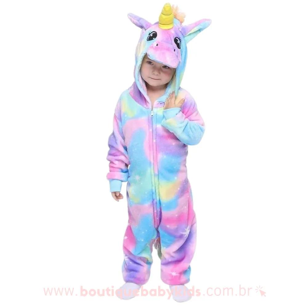 Pijama Macacão Infantil Kigurumi Fantasia Unicórnio Multicor Estrelado - Boutique Baby Kids
