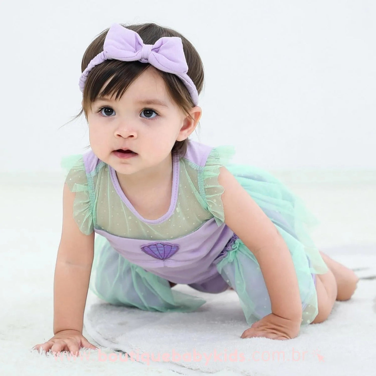 Body Bebê Fantasia Princesa Ariel Pequena Sereia Tule com Faixa Lilás - Boutique Baby Kids
