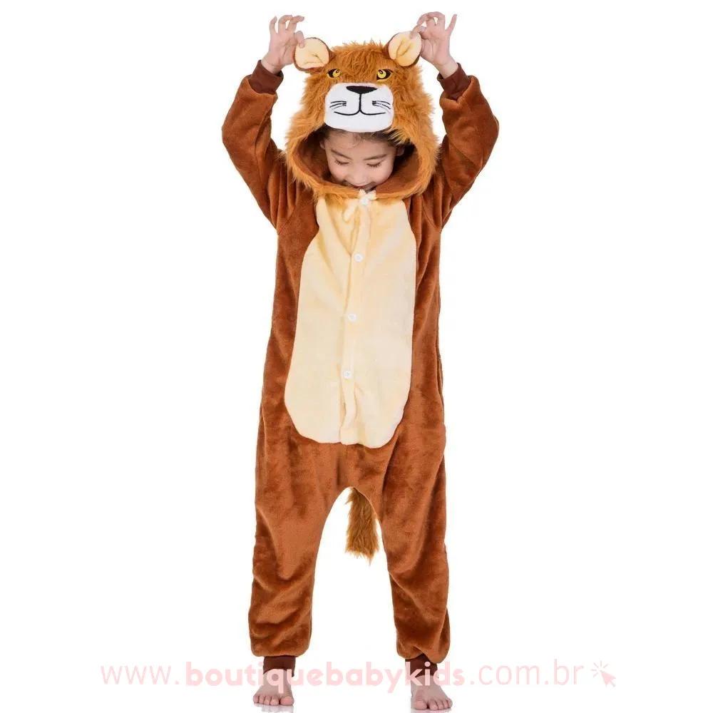 Pijama Macacão Infantil Kigurumi Fantasia Leão Marrom com Capuz - Boutique Baby Kids