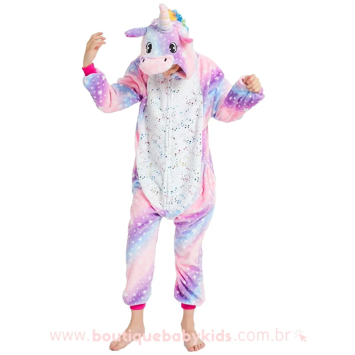 Pijama Macacão Infantil Fantasia Unicórnio Estrelado Multicor Rosa e Lilás - 8 a 12 Anos - Boutique Baby Kids