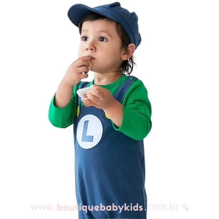 Macacão Bebê Fantasia Luigi com Boné Verde - Boutique Baby Kids