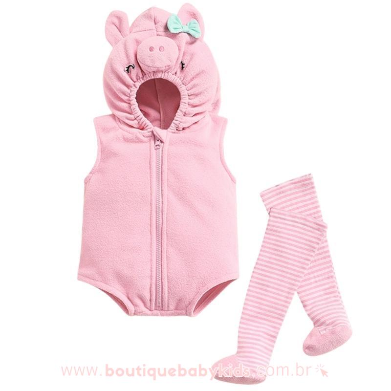 Body Bebê Fantasia Porquinha com Meia Rosa - Boutique Baby Kids
