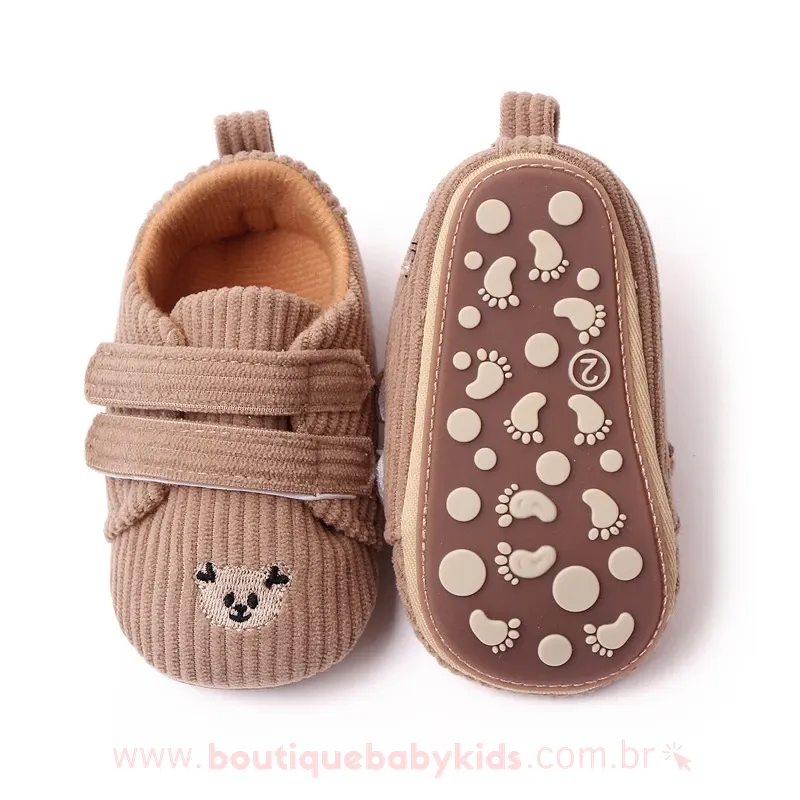 Tênis Bebê Primeiros Passos Ursinho Veludo Cotelê Bege - Boutique Baby Kids  