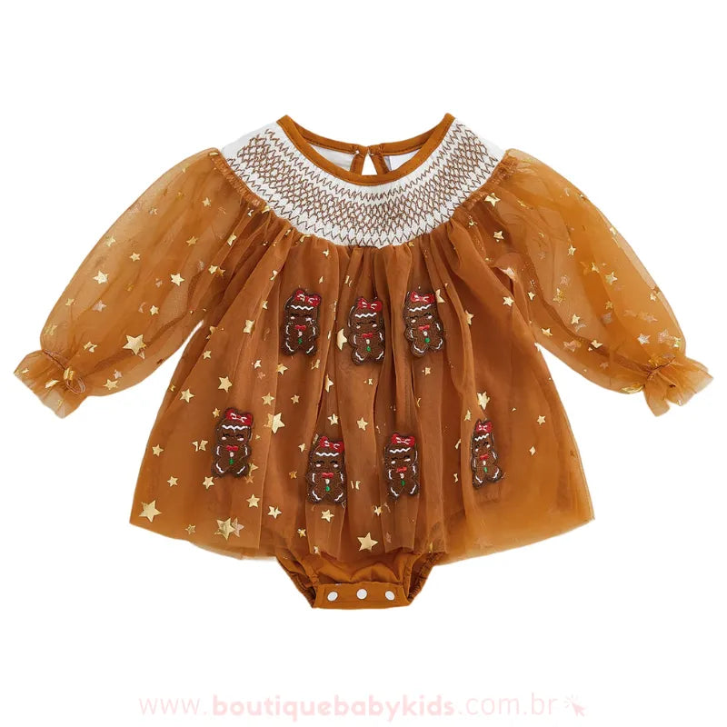 Body Bebê Tule Biscoitinho de Gengibre Brilho de Natal Marrom - Boutique Baby Kids