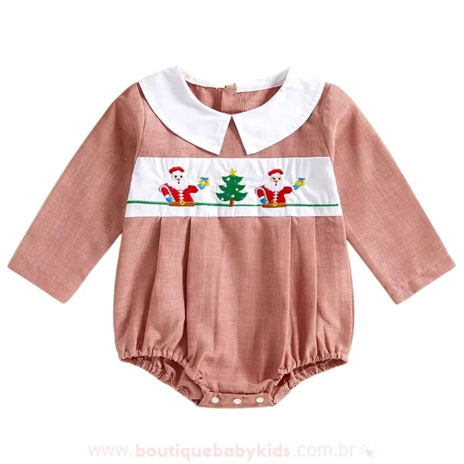 Body Bebê Clássico Natalino Bordado Papai Noel Rosa - Boutique Baby Kids