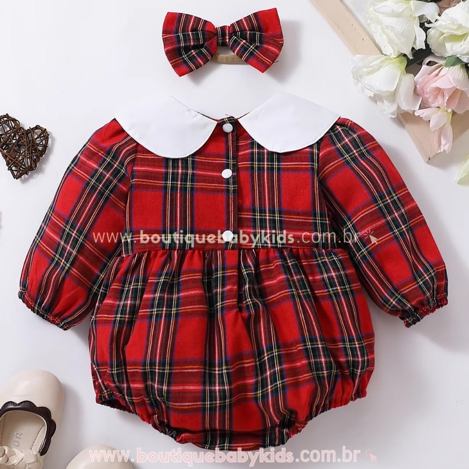 Body Bebê Clássico Xadrez Vermelho com Faixa - Boutique Baby Kids