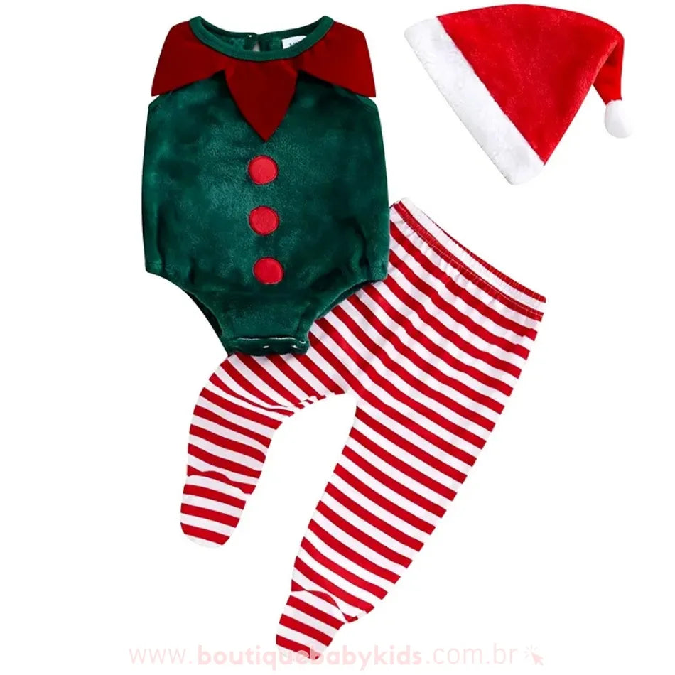 Body Bebê Elfo Natalino com Calça e Gorro - Boutique Baby Kids