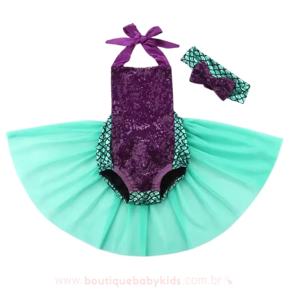 Body Bebê Fantasia Pequena Sereia com Paetês e Tule com Faixa Roxo - Boutique Baby Kids