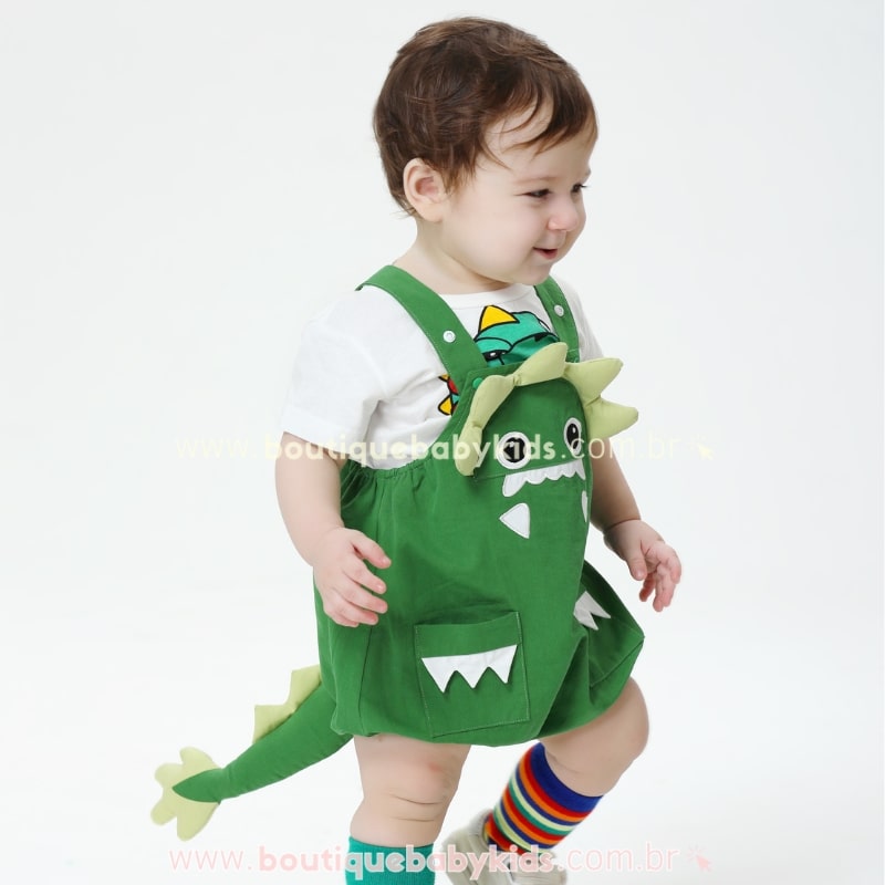 Body Bebê Jardineira Dinossauro Verde - Boutique Baby Kids