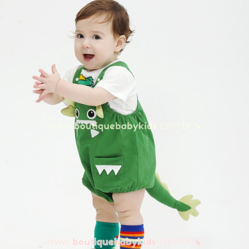 Body Bebê Jardineira Dinossauro Verde - Boutique Baby Kids