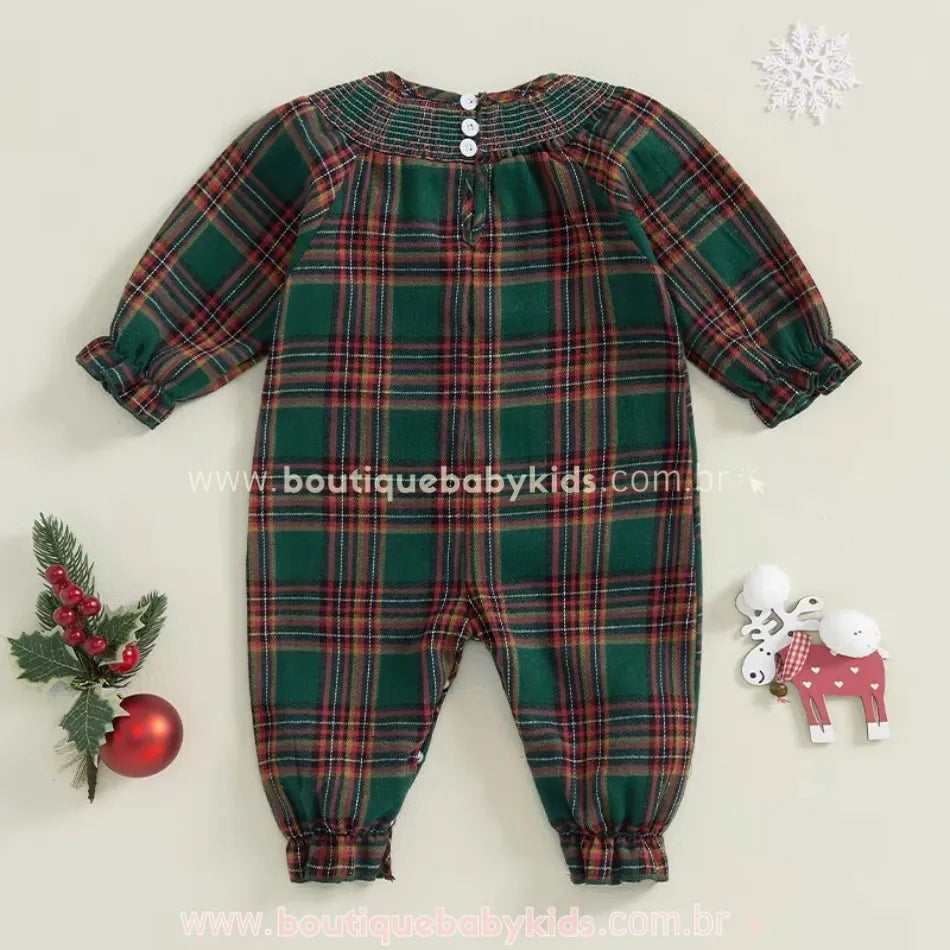 Macacão Bebê Xadrez com Bordado Papai Noel