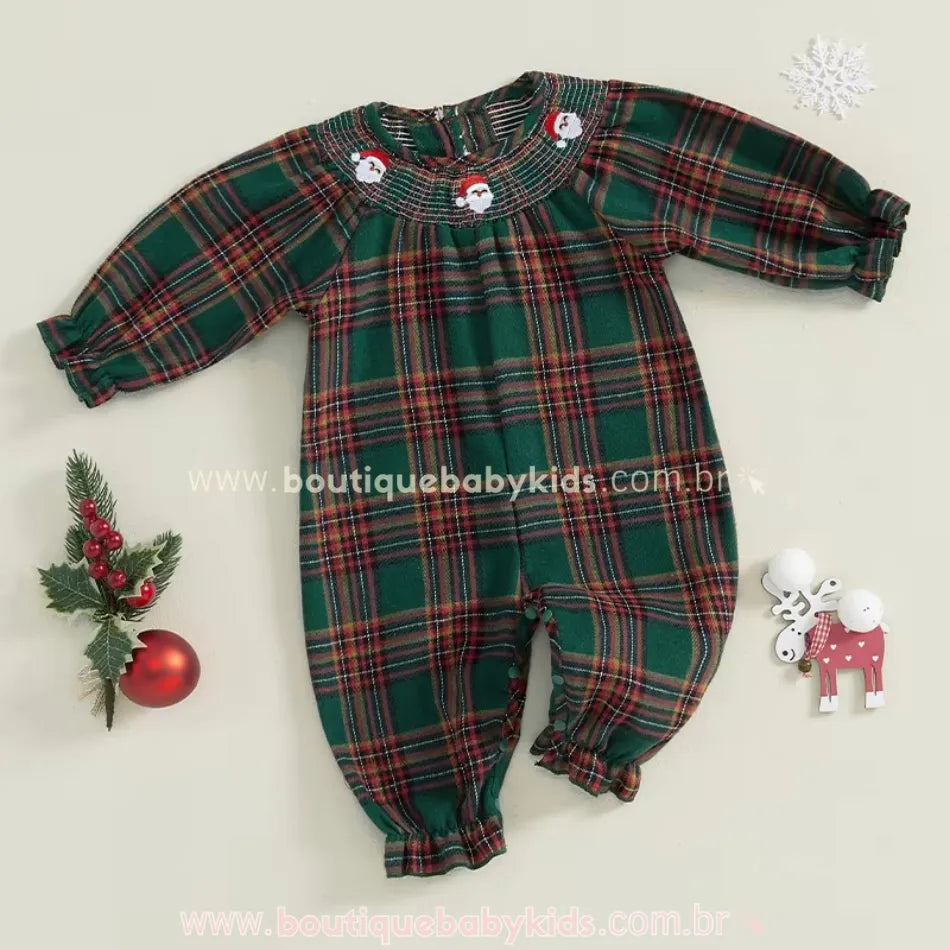 Body Bebê Natalino Xadrez com Bordado Papai Noel - Boutique Baby Kids