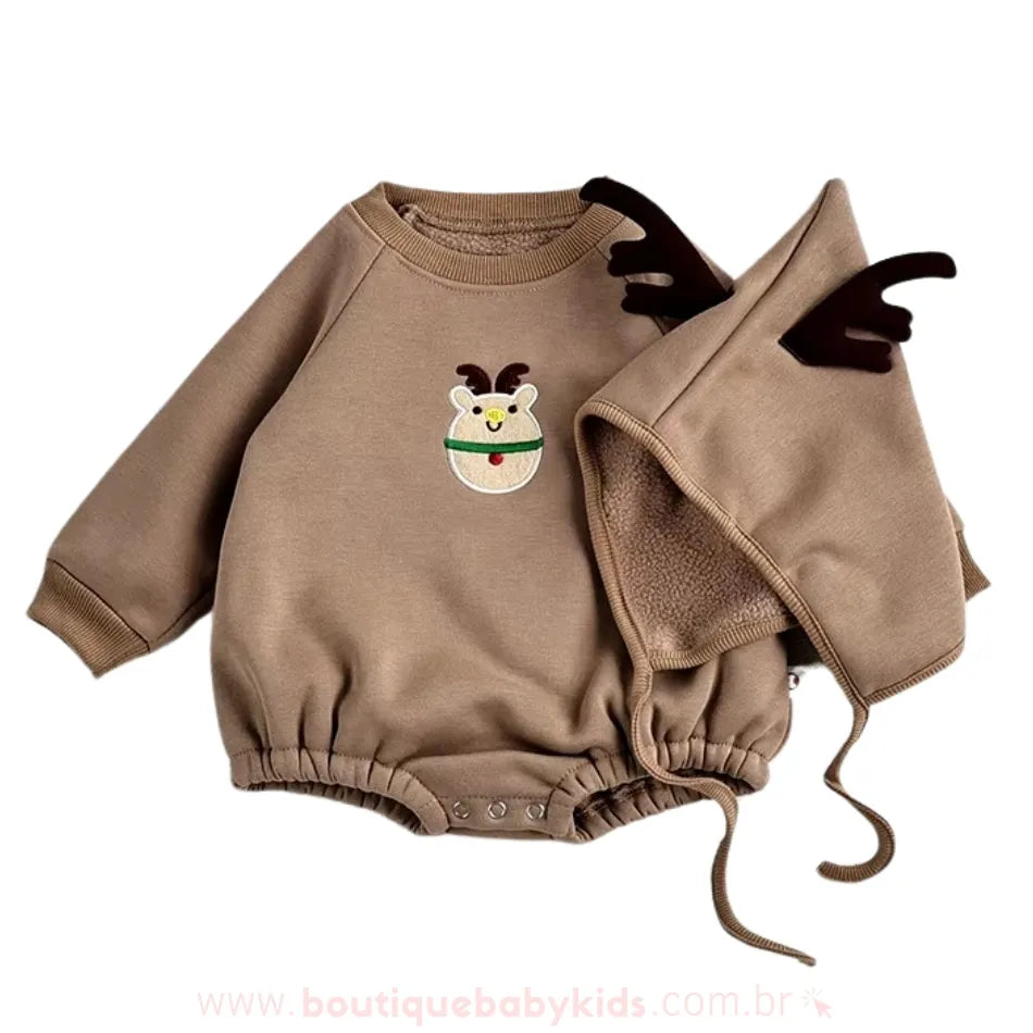 Body Bebê Temático de Natal com Gorro Marrom Rena - Boutique Baby Kids