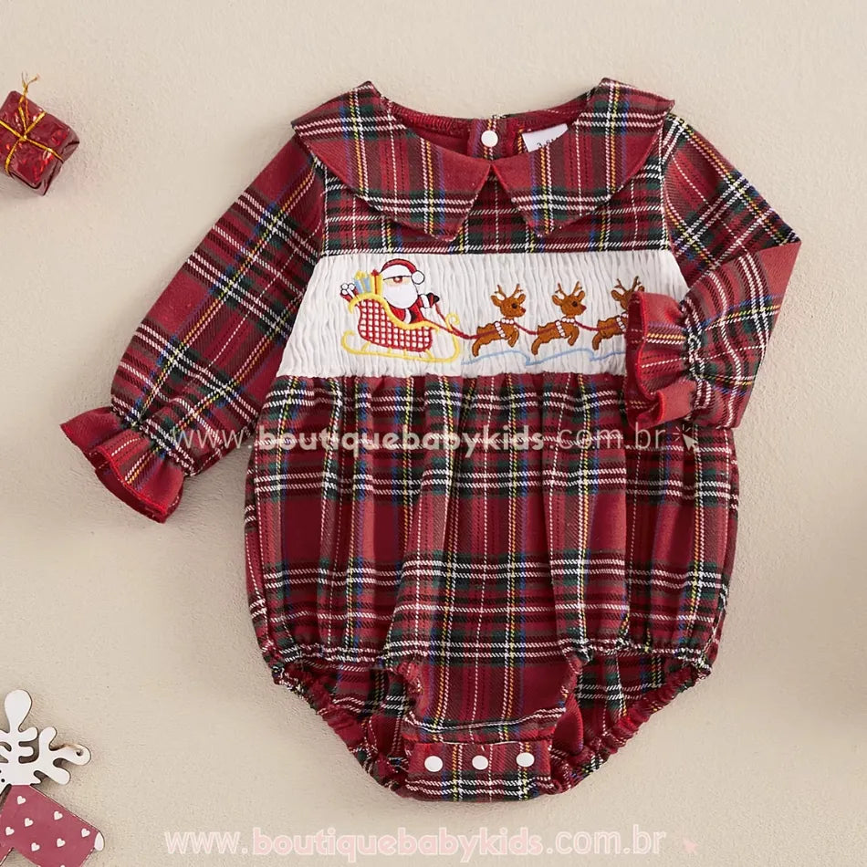 Body Bebê Xadrez Bordado Papai Noel e Renas - Boutique Baby kids