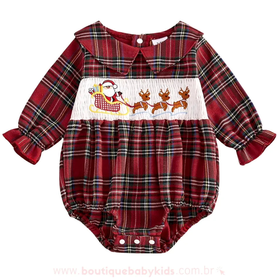 Body Bebê Xadrez Bordado Papai Noel e Renas - Boutique Baby kids