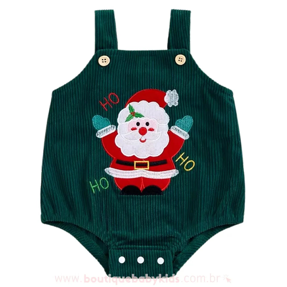 Body Bebê Jardineira Bordado Papai Noel Veludo Cotelê Verde - Frete Grátis 