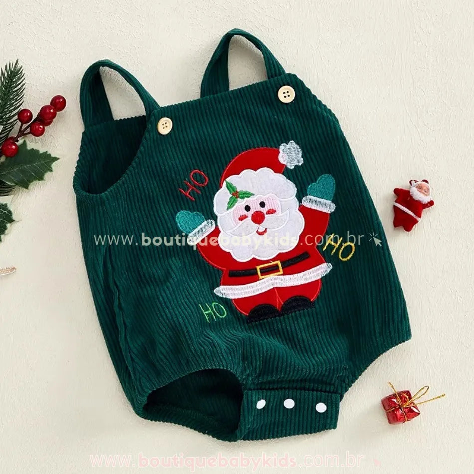Body Bebê Jardineira Bordado Papai Noel Veludo Cotelê Verde - Frete Grátis 