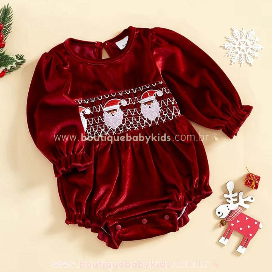 Body Bebê Natalino de Veludo Papai Noel Bordado - Boutique Baby Kids