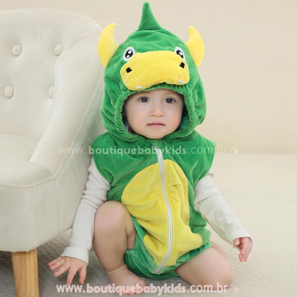 Body Bebê Fantasia Bichinho Dinossauro Verde - Boutique Baby Kids