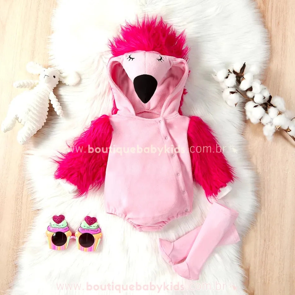 Body Bebê Temático Fantasia Flamingo com Meia Rosa - Boutique Baby Kids