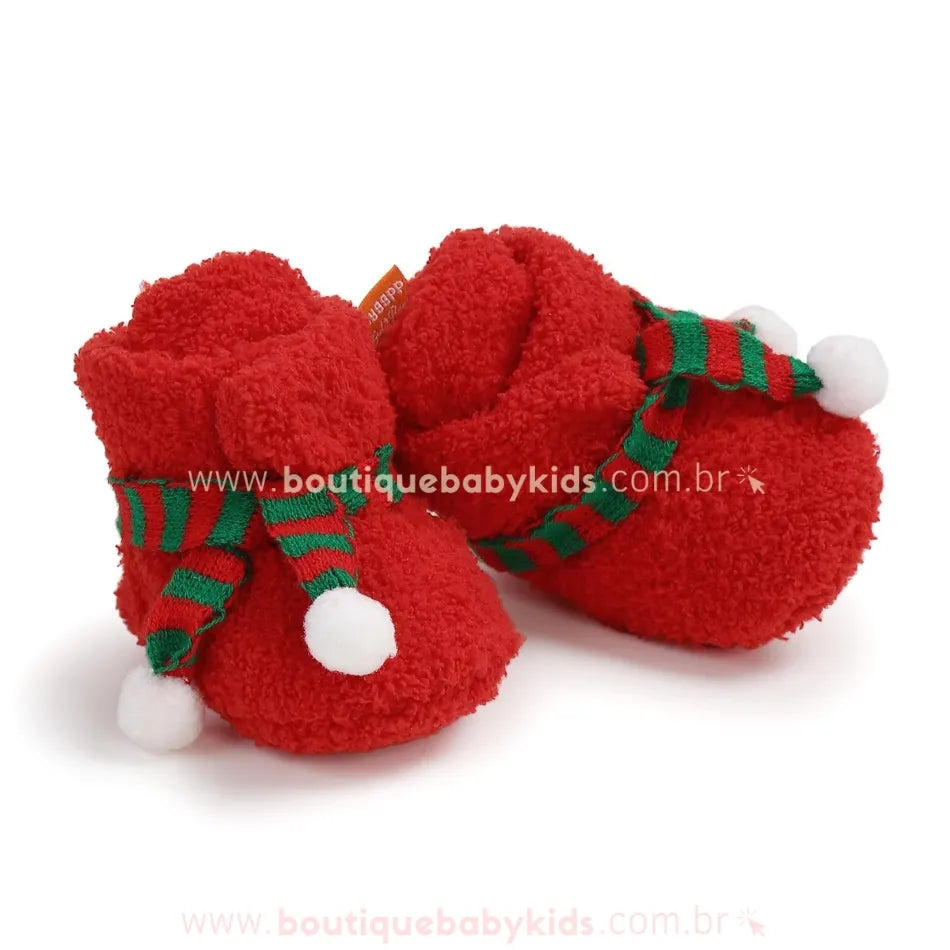 Botinha Bebê Natalina Cachecol com Pompons Vermelho - Boutique Baby Kids 