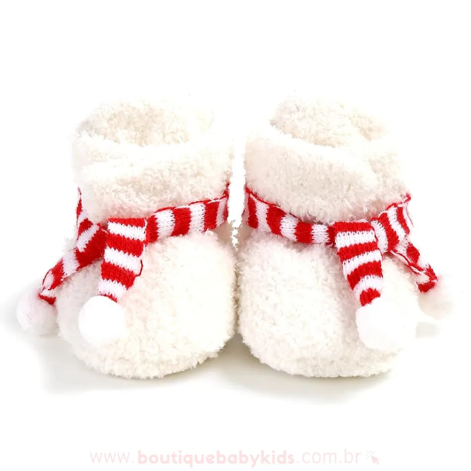 Botinha Bebê Natalina Cachecol com Pompons Branco - Boutique Baby Kids #branco