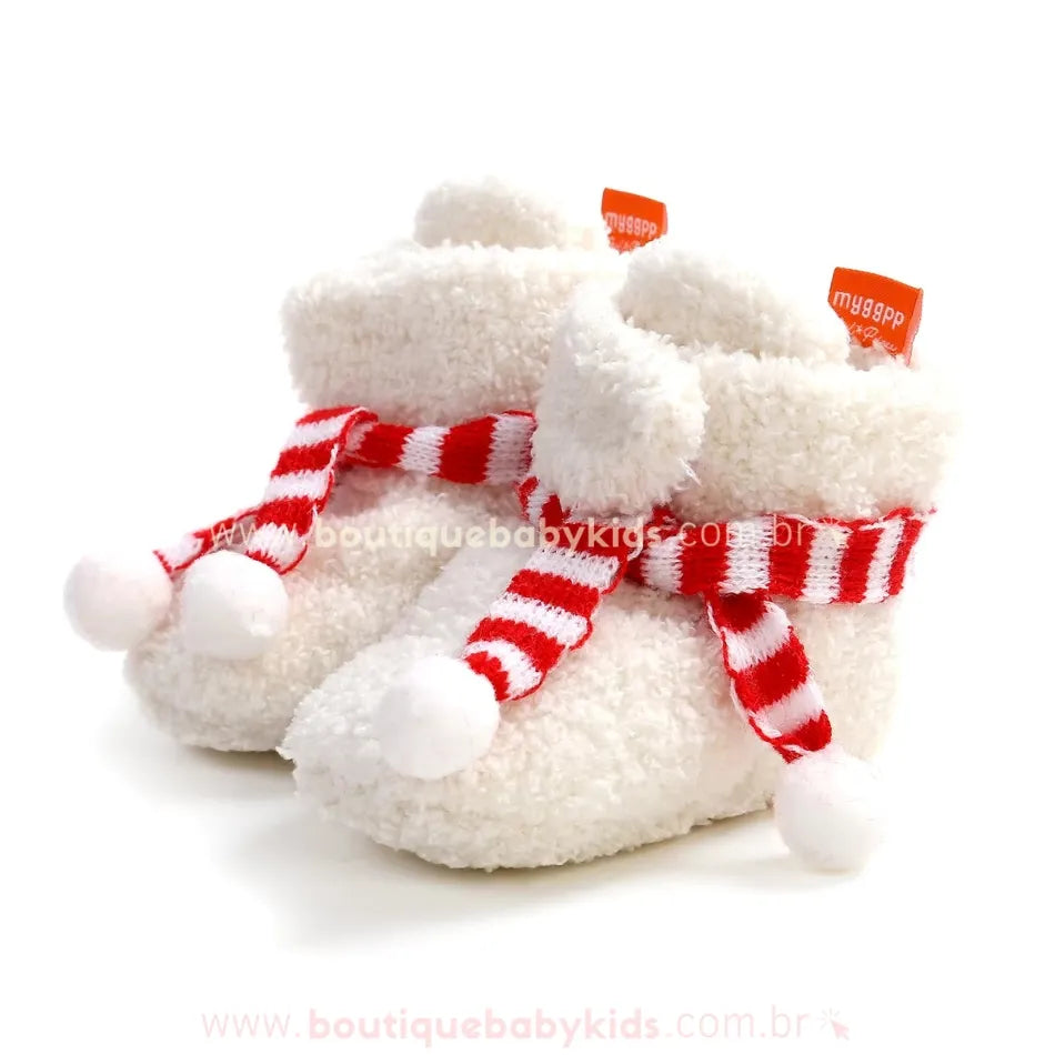 Botinha Bebê Natalina Cachecol com Pompons Branco - Boutique Baby Kids 
