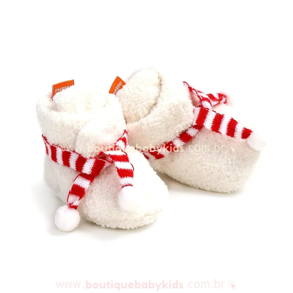 Botinha Bebê Natalina Cachecol com Pompons Branco - Boutique Baby Kids 