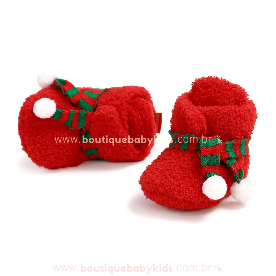 Botinha Bebê Natalina Cachecol com Pompons Vermelho - Boutique Baby Kids 