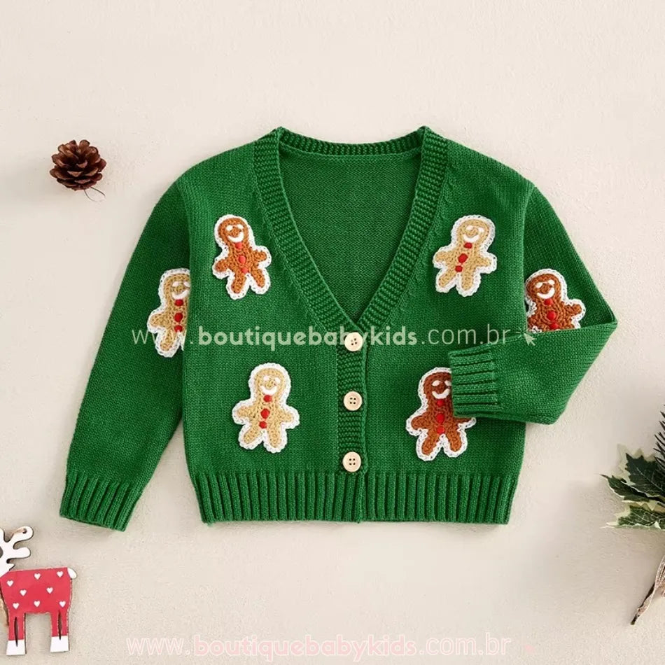 Cardigan Infantil Tricot Natalino Biscoito de Gengibre Verde - Boutique Baby Kids