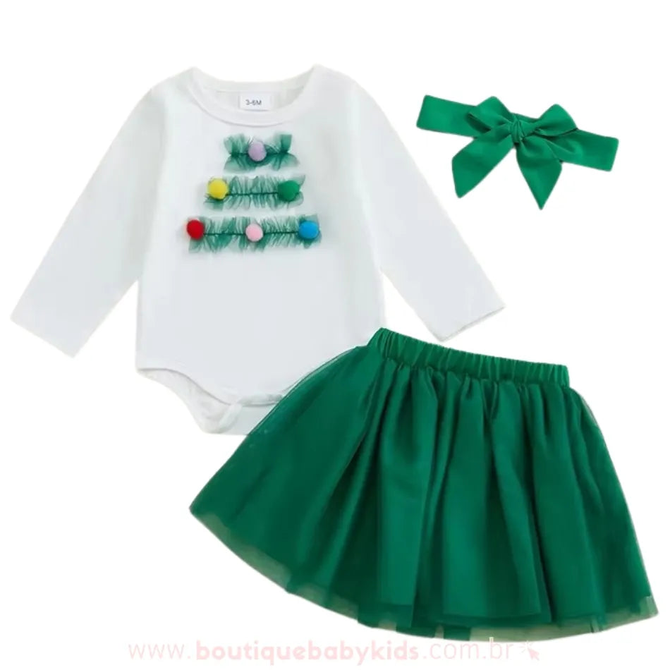 Conjunto Bebê Temático Árvore de Natal com Body Saia e Faixa - Boutique Baby Kids