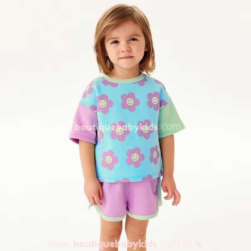 Conjunto Infantil Camiseta e Short Estampa Flores Colorido - Boutique Baby Kids