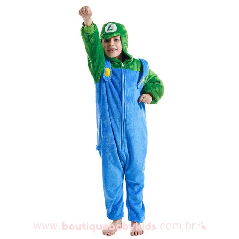 Macacão Pijama Infantil Fantasia Super Mario World Luigi Verde - Boutique Baby Kids