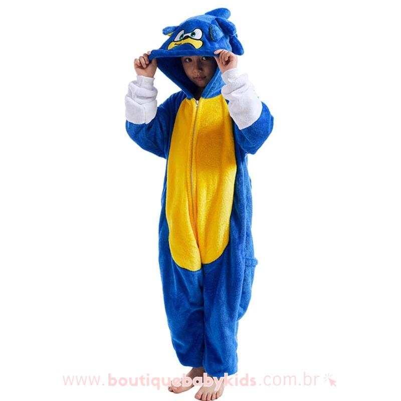 Macacão Pijama Infantil Fantasia Sonic Azul 4 a 12 Anos - Frete
