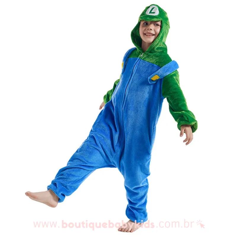 Macacão Pijama Infantil Fantasia Super Mario World Luigi Verde - Boutique Baby Kids