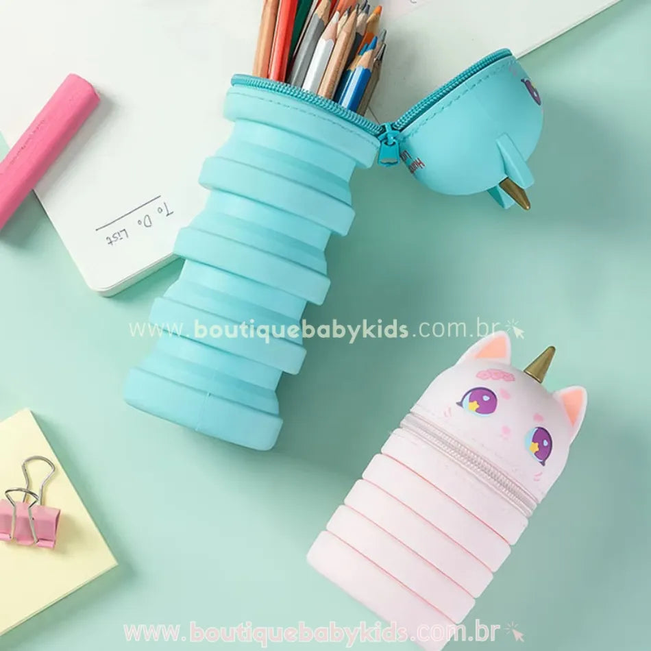 Estojo Escolar de Silicone Retrátil Gatocórnio - Boutique Baby Kids