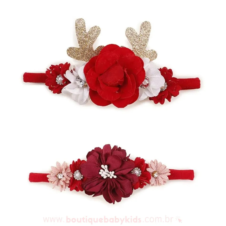 Kit 2 Faixas Florais Festivas de Natal Rena e Flores - Boutique Baby Kids