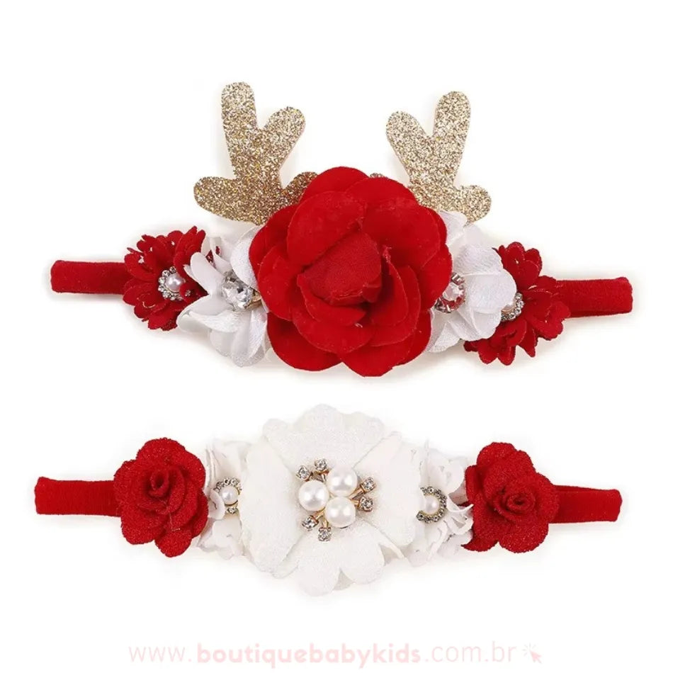 Kit 2 Faixas Florais Festivas de Natal Rena e Flores - Boutique Baby Kids