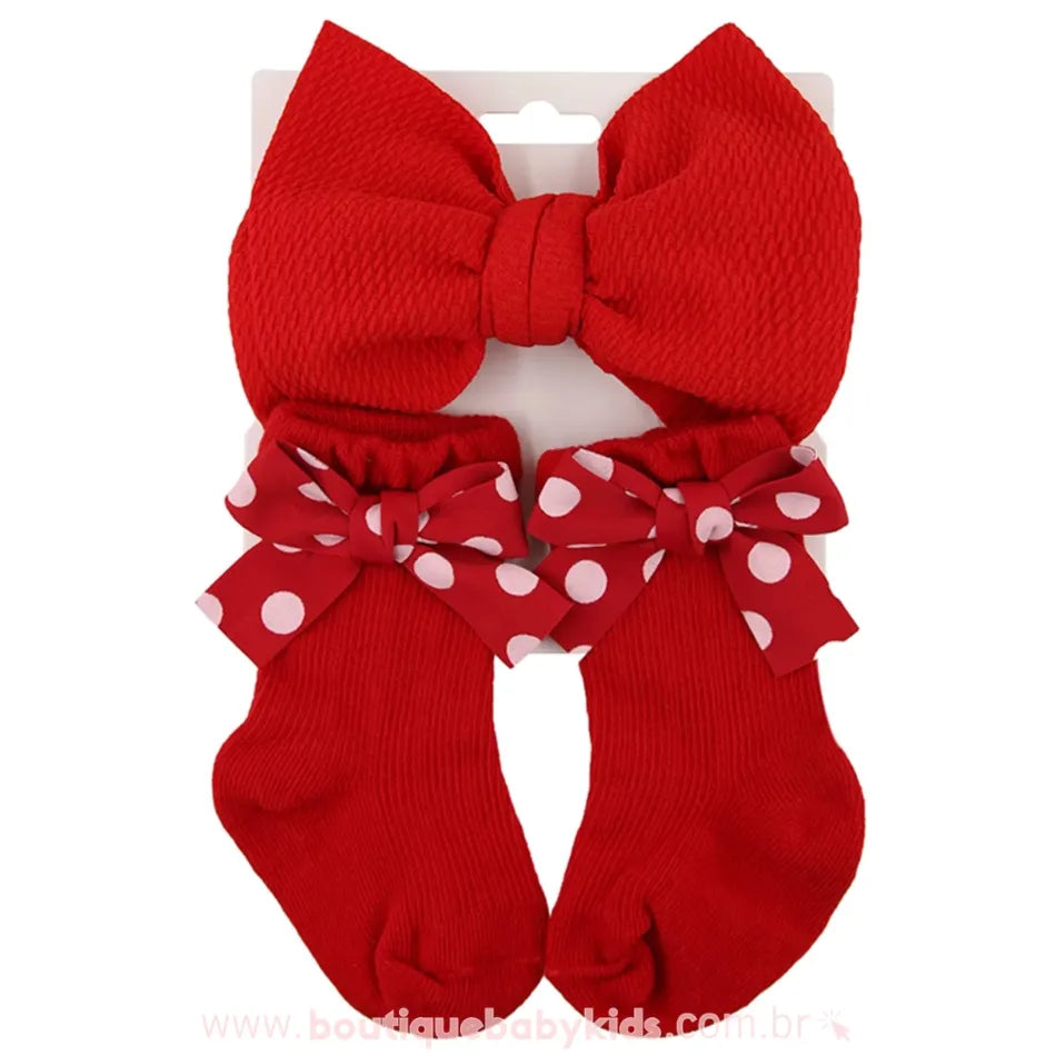 Kit Meia e Faixa com Laço Estampado Vermelho - Boutique Baby Kids