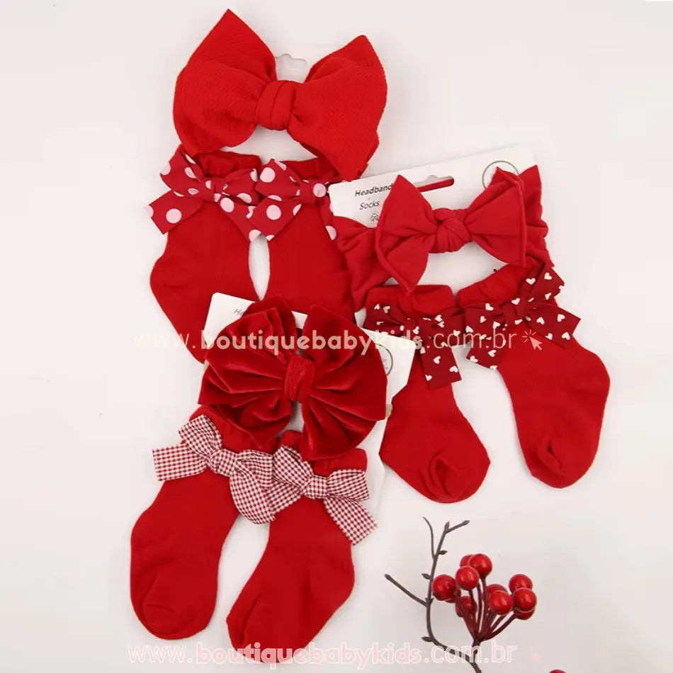 Kit Meia e Faixa com Laço Estampado Vermelho - Boutique Baby Kids