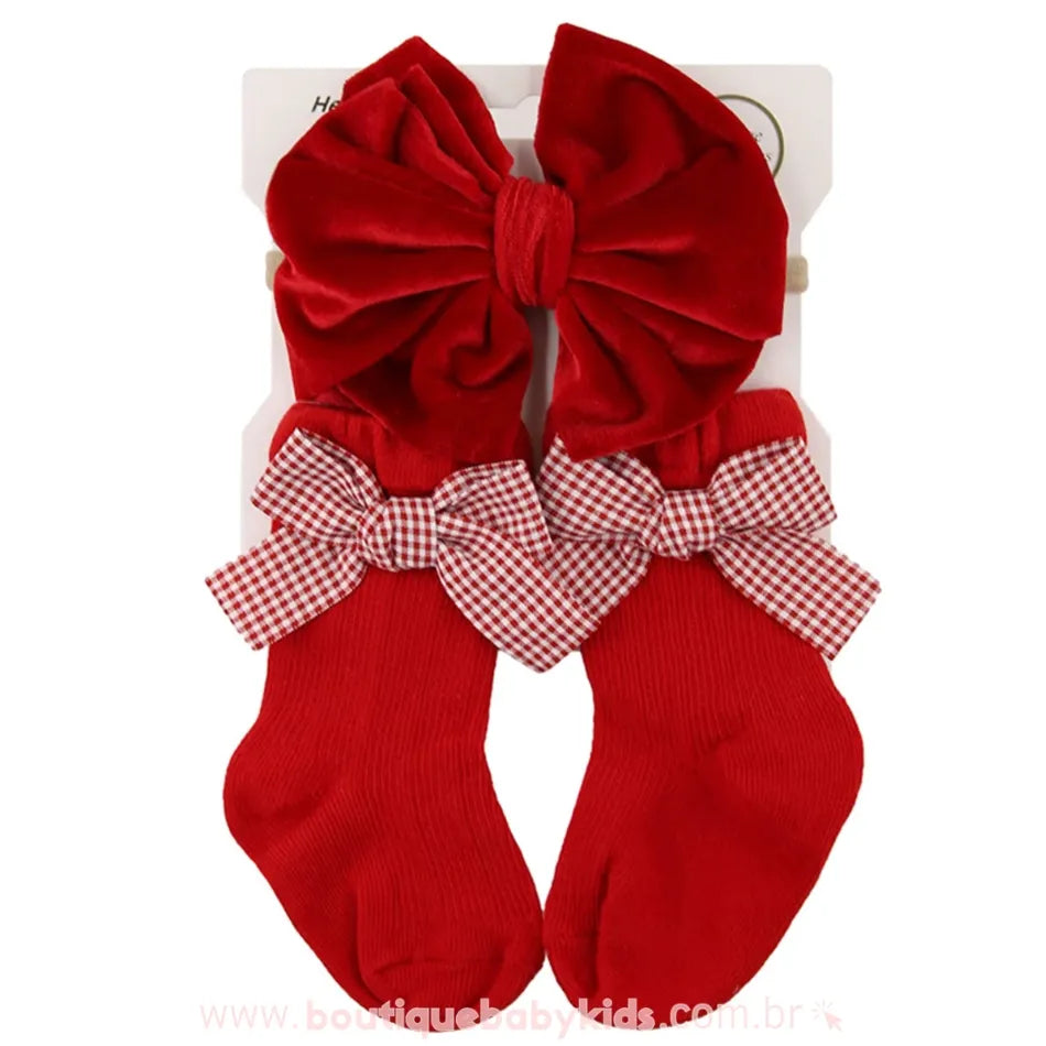 Kit Meia e Faixa com Laço Estampado Vermelho - Boutique Baby Kids