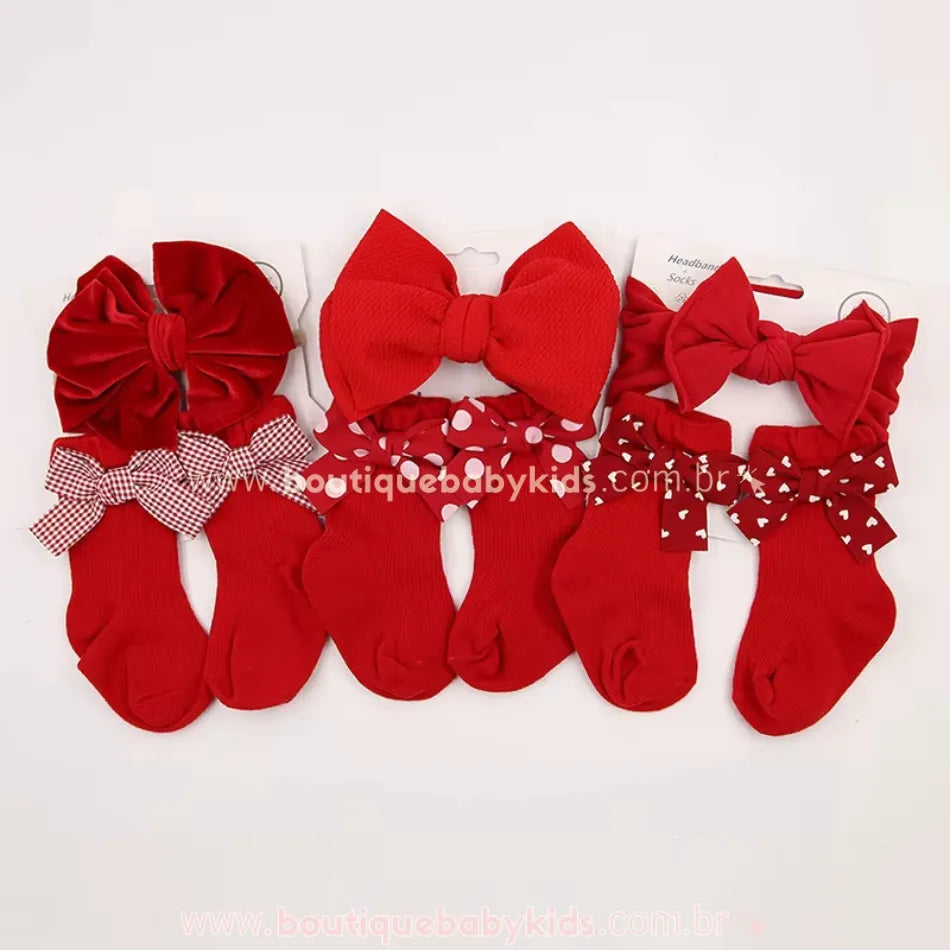 Kit Meia e Faixa com Laço Estampado Vermelho - Boutique Baby Kids