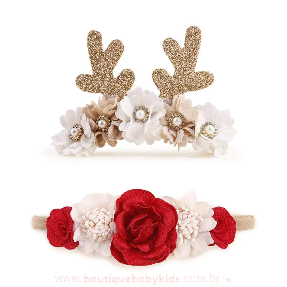 Kit 2 Faixas Florais Festivas de Natal Rena e Flores - Boutique Baby Kids
