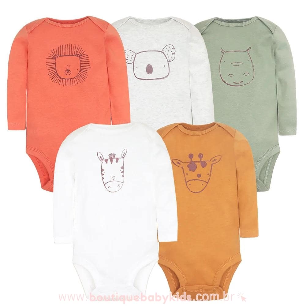 Kit com 5 Bodies Bebê Bichinhos Multicor Manga Longa - Boutique Baby Kids