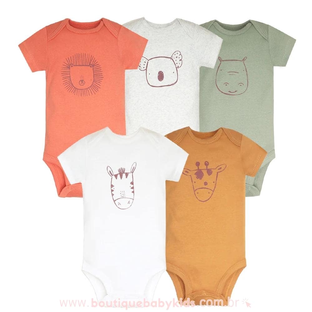 Kit com 5 Bodies Bebê Bichinhos Multicor Manga Curta - Boutique Baby Kids