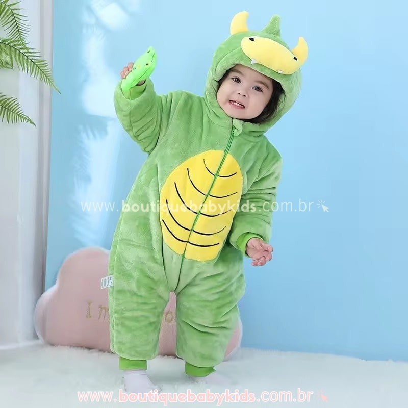 Macacão Bebê Acolchoado Bichinho Dinossauro Verde - Boutique Baby Kids