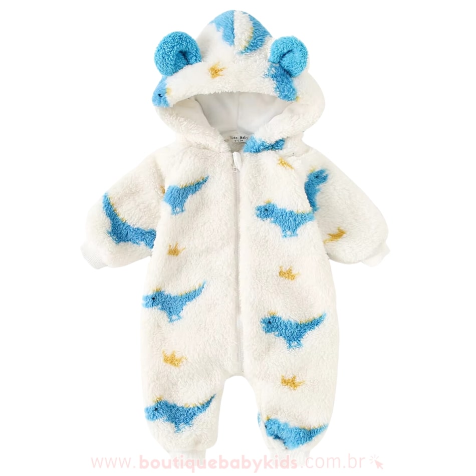 Macacão Bebê Fleece Dinossauro Capuz com Orelhinhas Branco - Boutique Baby Kids 