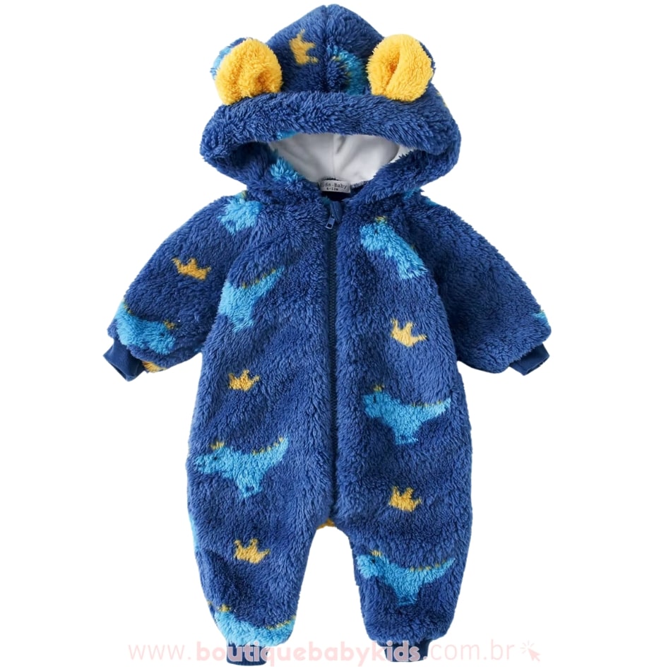 Macacão Bebê Fleece Dinossauro Capuz com Orelhinhas Azul marinho - Boutique Baby Kids 
