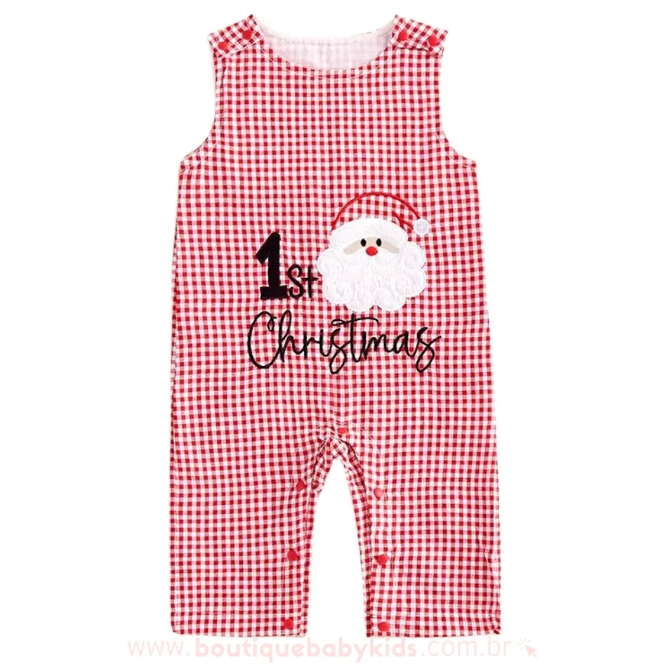 Macacão Bebê Primeiro Natal Papai Noel Xadrez Sem Manga - Boutique Baby Kids